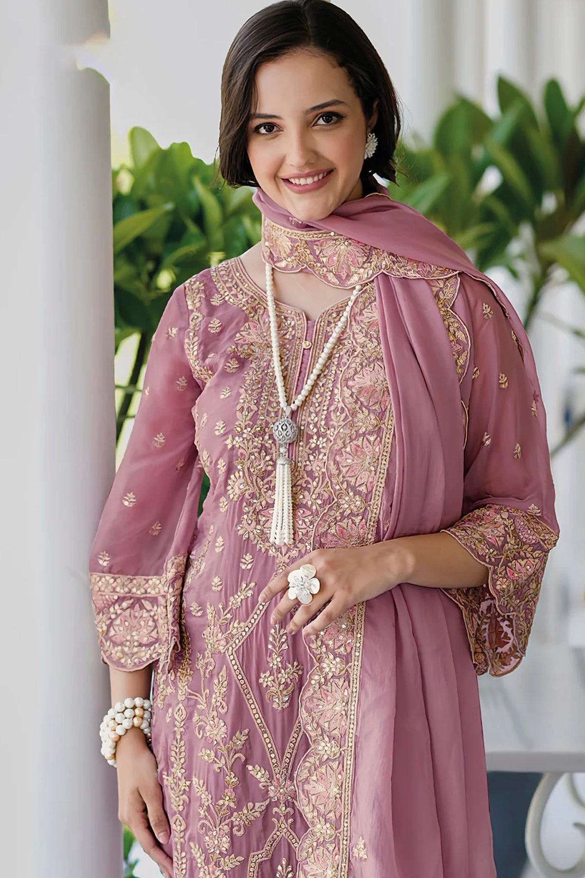 Light Purple Heavy Embroidery Work Organza Suit at PinkPhulkari 