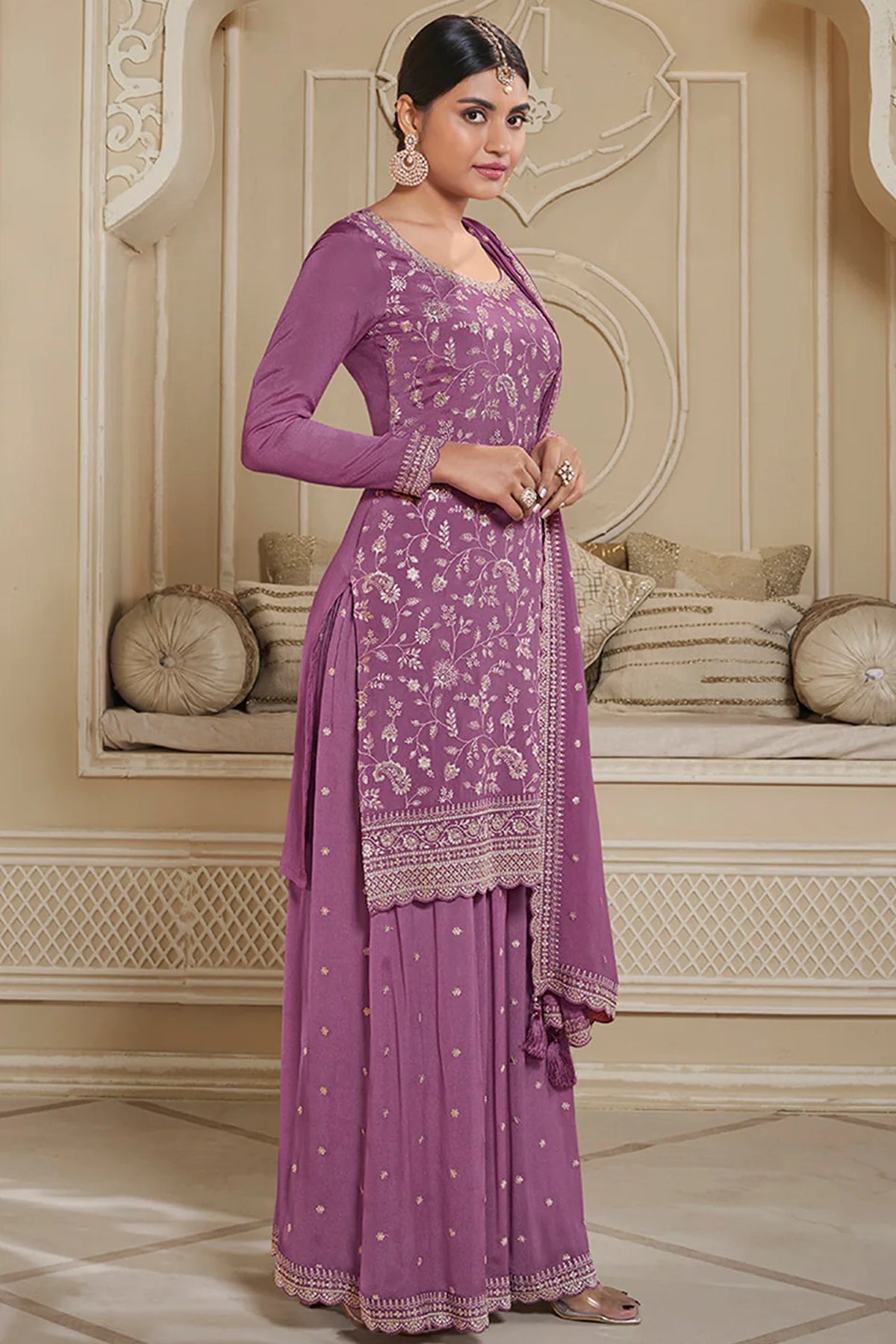 Lavender Floral Pattern Embroidered Palazzo Suit Set at PinkPhulkari 