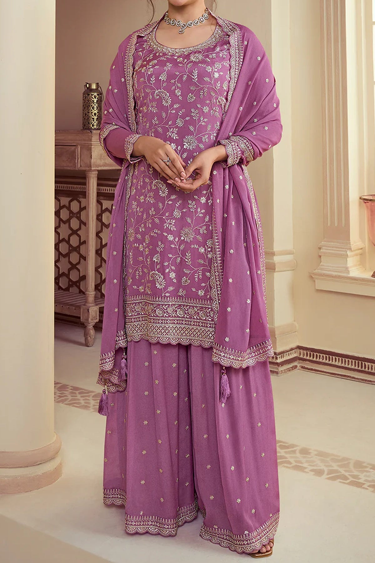 Lavender Floral Pattern Embroidered Palazzo Suit Set at PinkPhulkari 