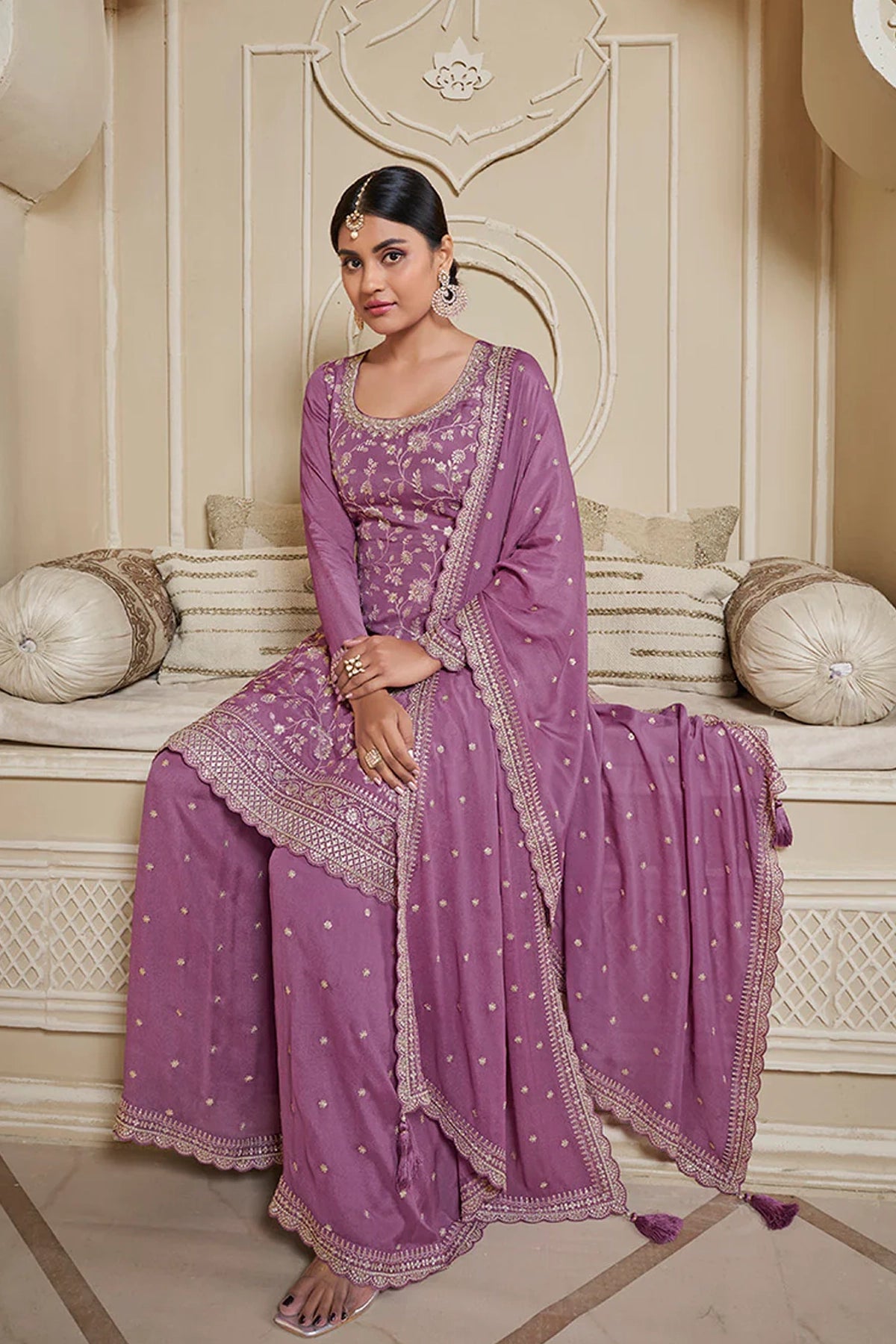 Lavender Floral Pattern Embroidered Palazzo Suit Set at PinkPhulkari 