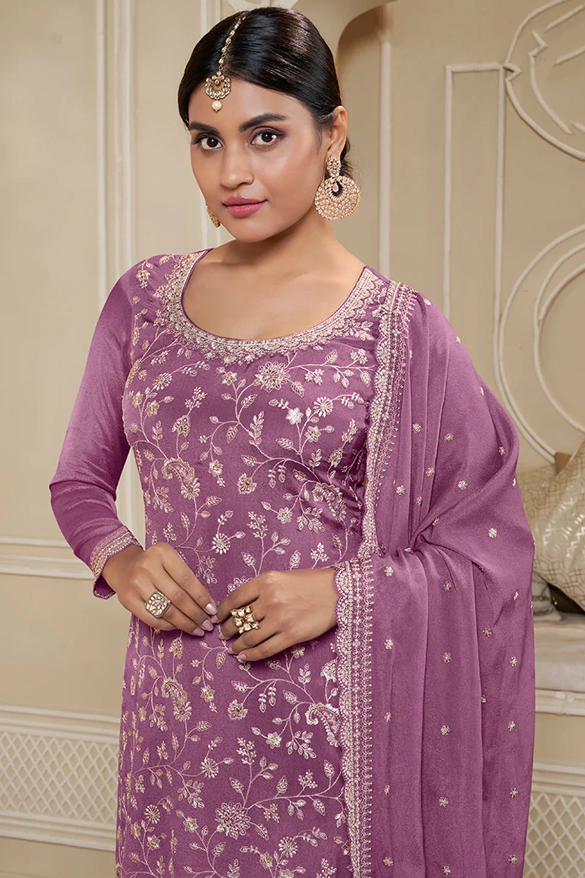 Lavender Floral Pattern Embroidered Palazzo Suit Set at PinkPhulkari 