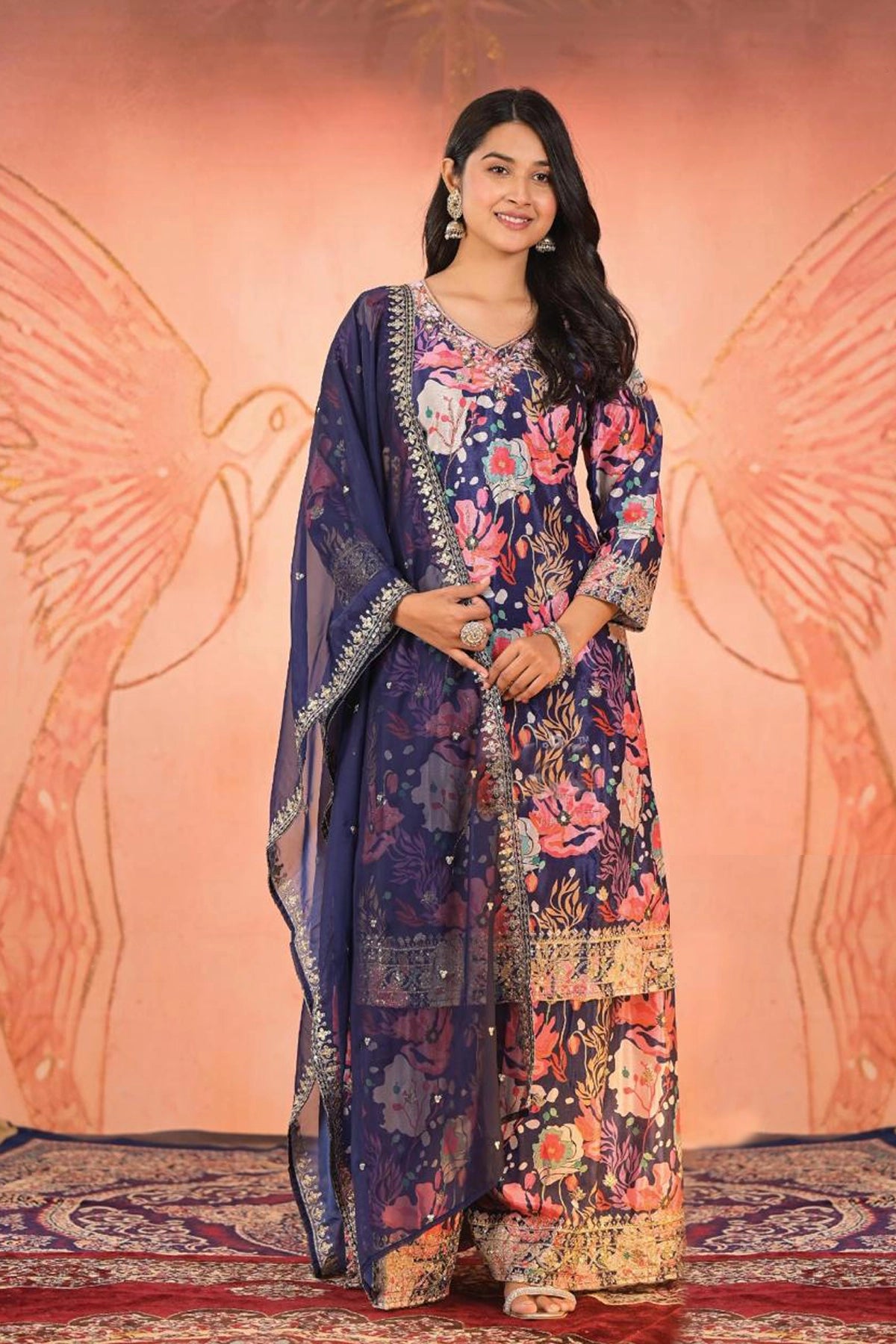 Navy Embroidered Floral Print Kurta Palazzo Set at PinkPhulkari 