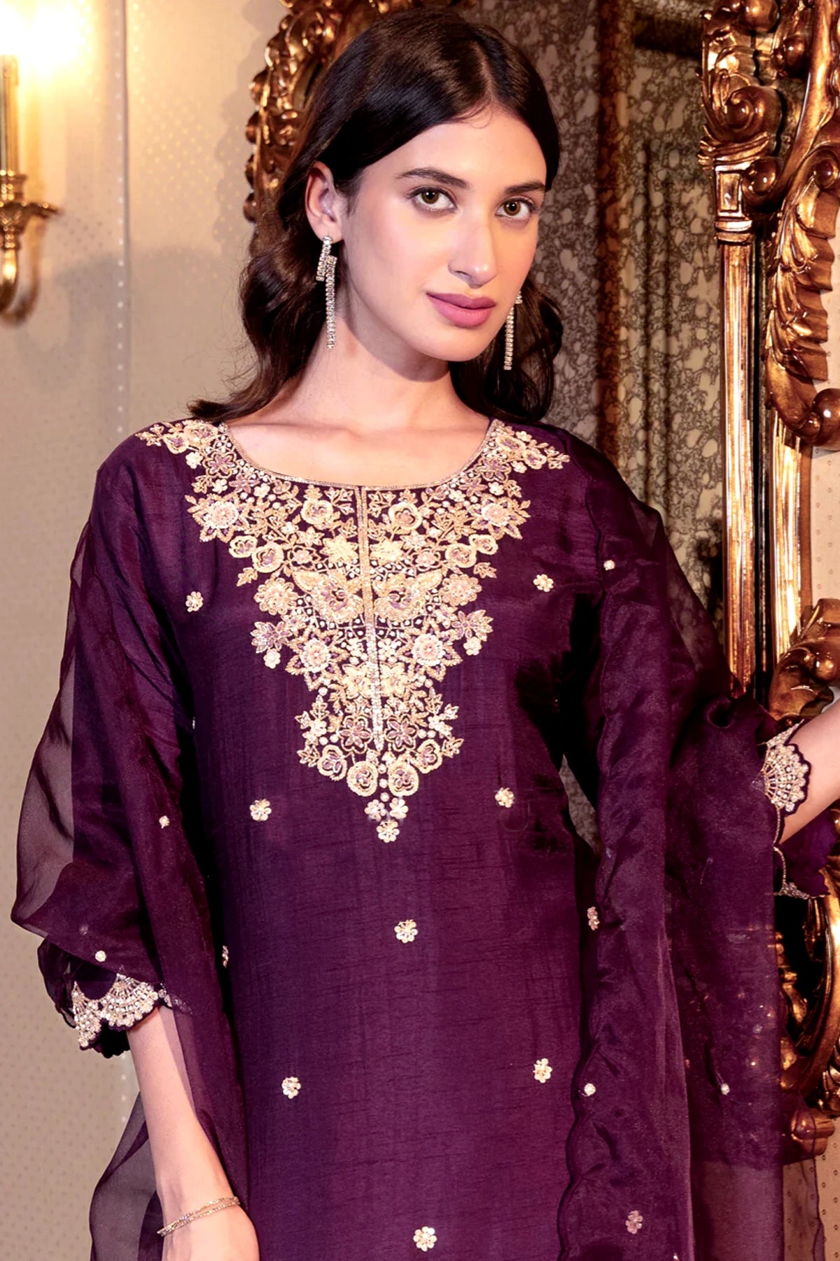 Purple Silk Embroidered Sharara Suit Set at PinkPhulkari California