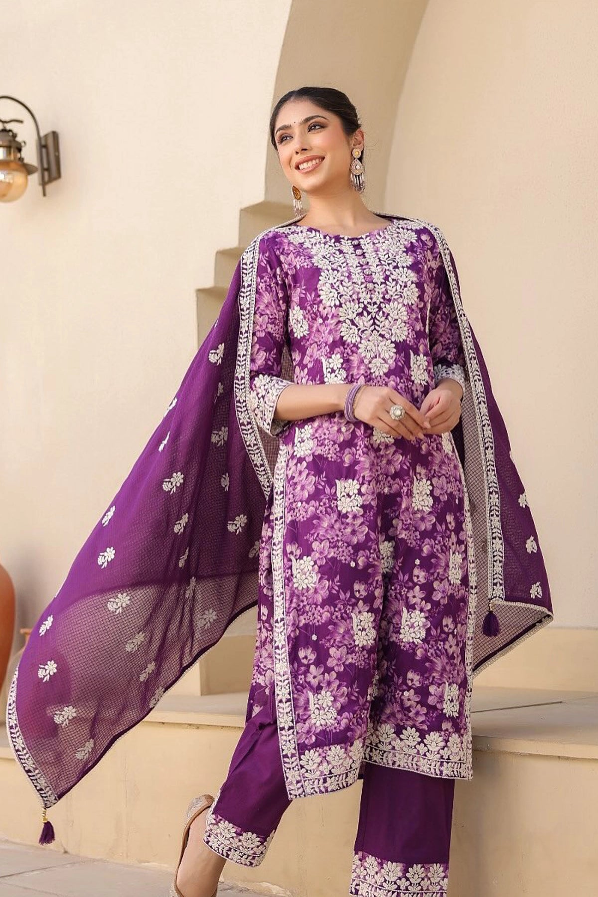 Purple Embroidered Straight Kurta Pant Set With Kota Doriya Dupatta 