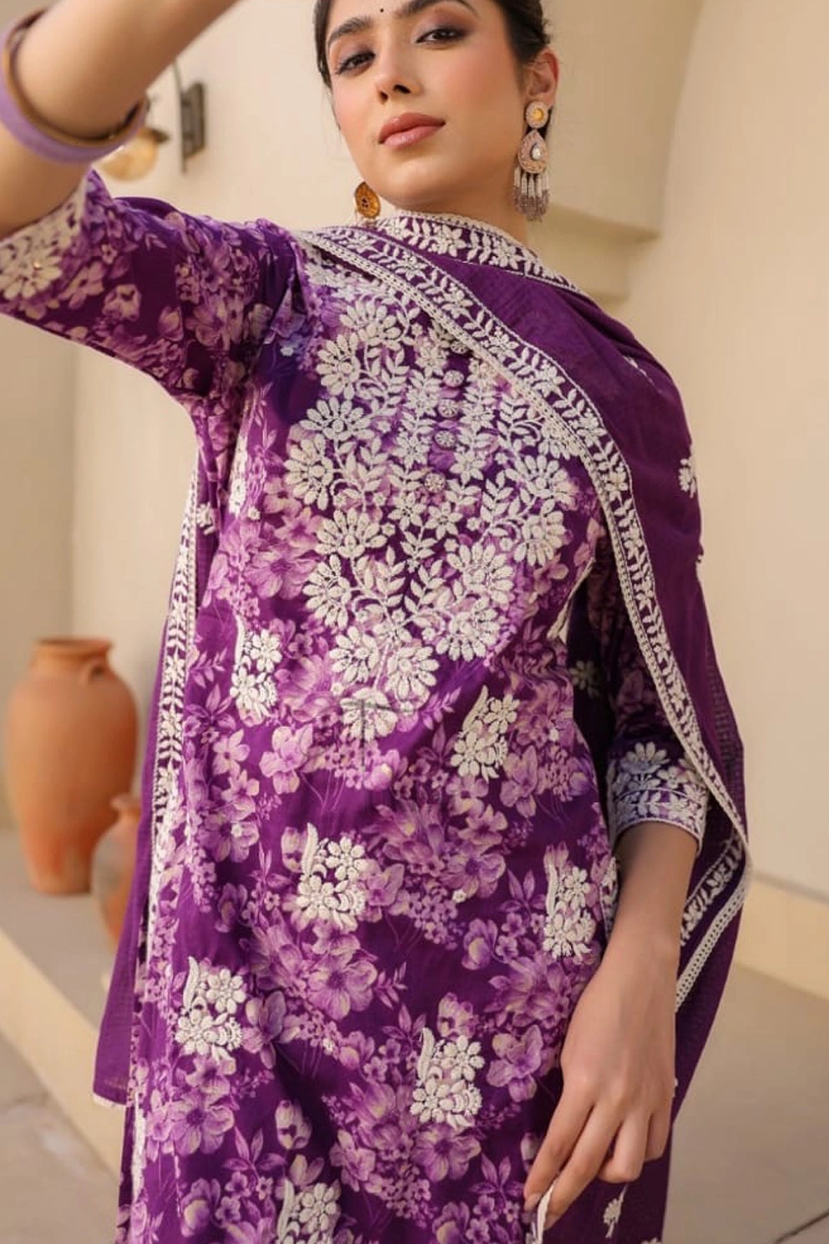 Purple Embroidered Straight Kurta Pant Set With Kota Doriya Dupatta 