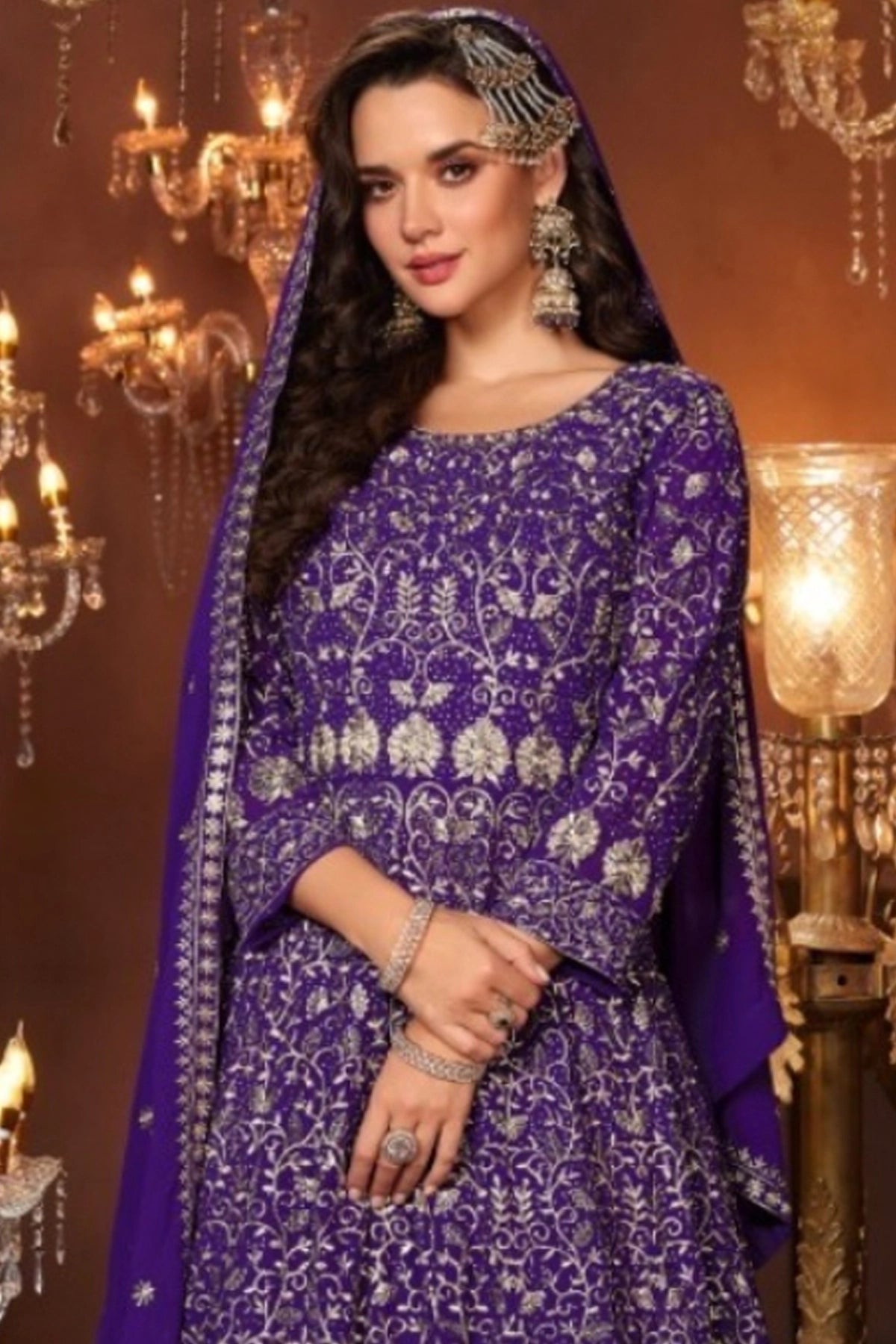 Buy Purple Georgette Embroidered Anarkali Lehenga Set at PinkPhulkari 