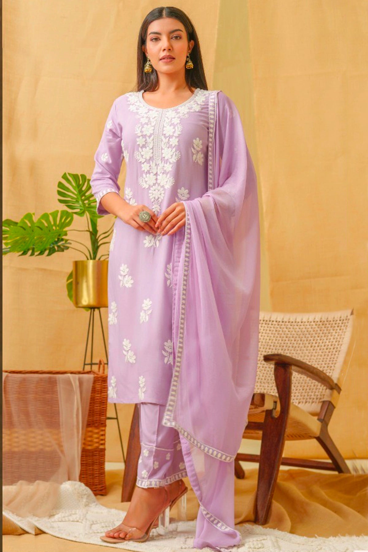 Lavender Embroidered Rayon Kurta Set