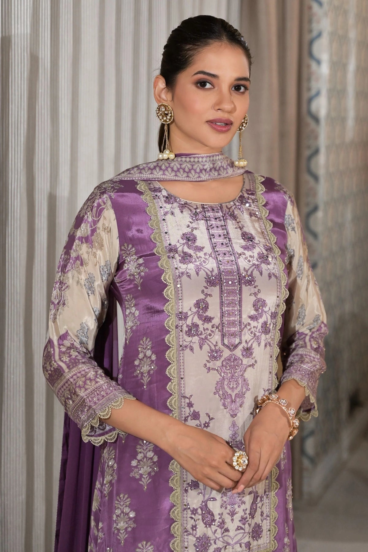 Buy Lilac Purple Crepe Silk A line Kurta Palazzo Set at PinkPhulkari 