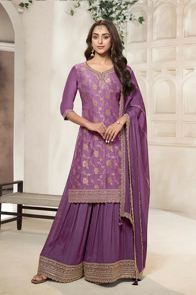Buy Purple Dola Silk Embroidered Sharara Set with Chinon Dupatta 