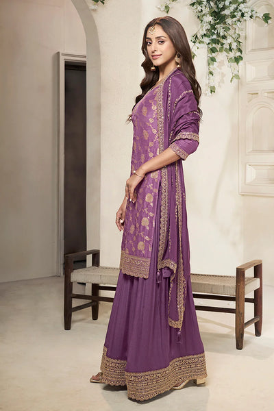 Buy Purple Dola Silk Embroidered Sharara Set with Chinon Dupatta Buy Purple Dola Silk Embroidered Sharara Set with Chinon Dupatta 