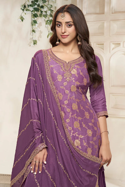 Buy Purple Dola Silk Embroidered Sharara Set with Chinon Dupatta Buy Purple Dola Silk Embroidered Sharara Set with Chinon Dupatta 