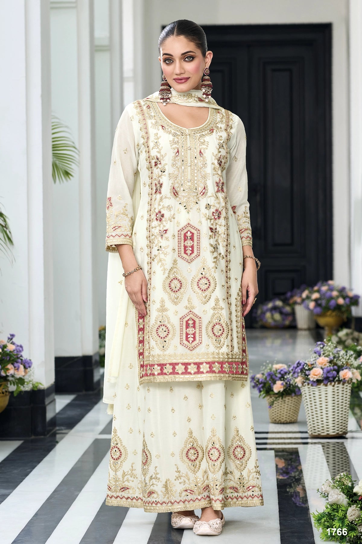 Off White Embellished Chinon Silk Palazzo Suit Set at PinkPhulkari 