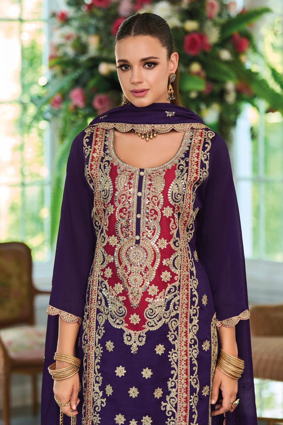 Buy Purple Silk Embroidered Kurta Palazzo Suit at PinkPhulkari California