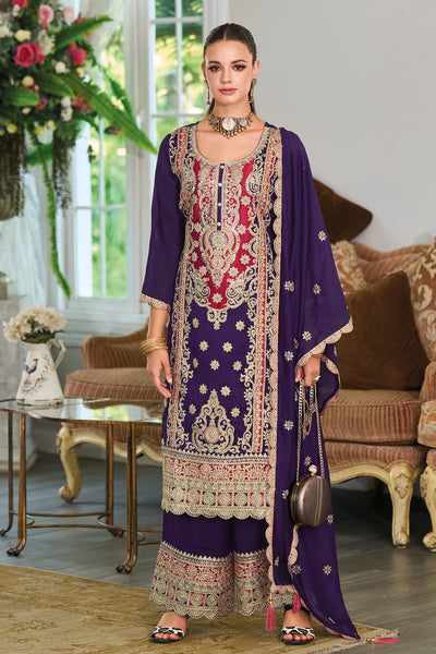 Buy Purple Silk Embroidered Kurta Palazzo Suit at PinkPhulkari California