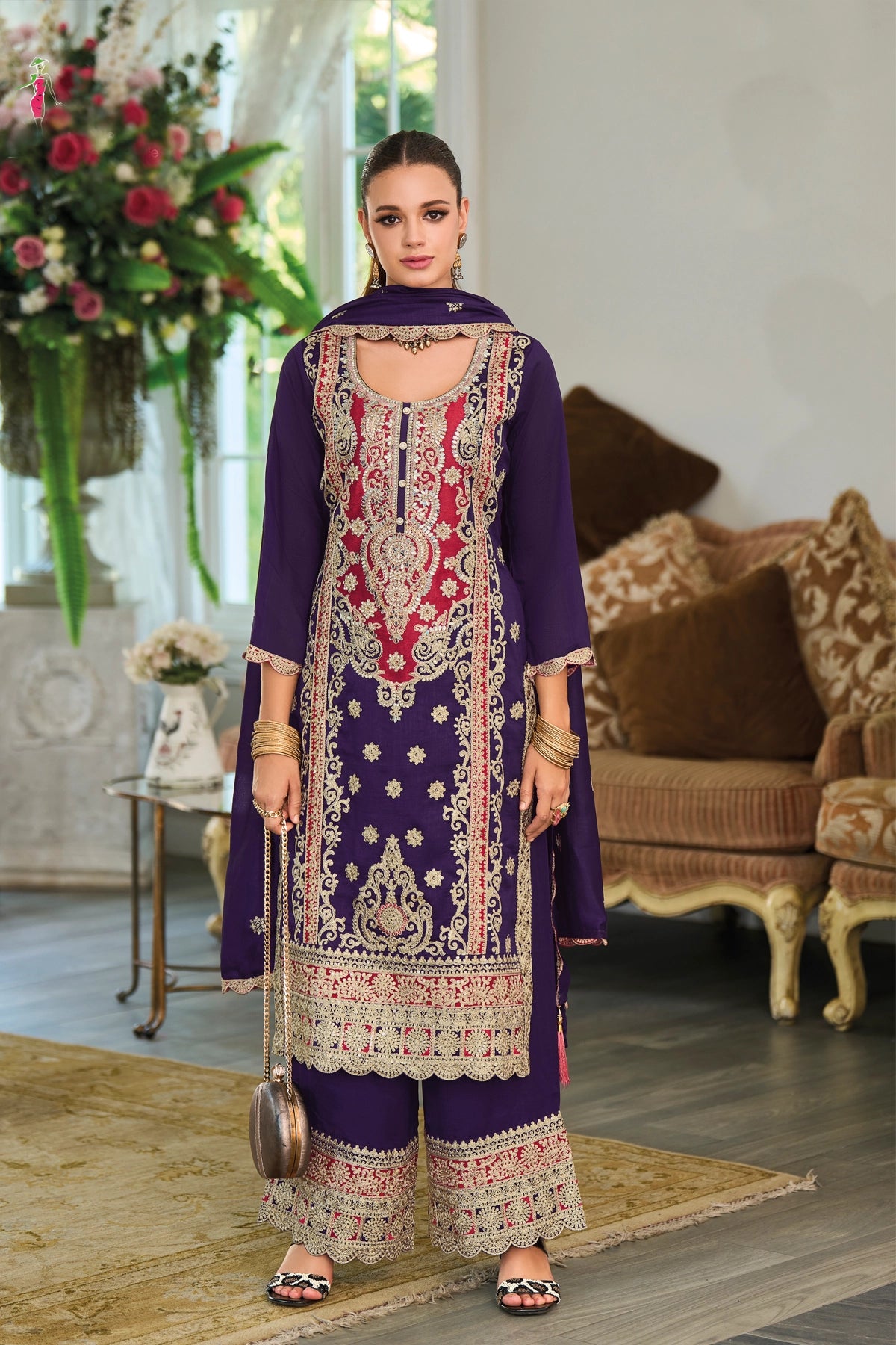 Buy Purple Silk Embroidered Kurta Palazzo Suit at PinkPhulkari California