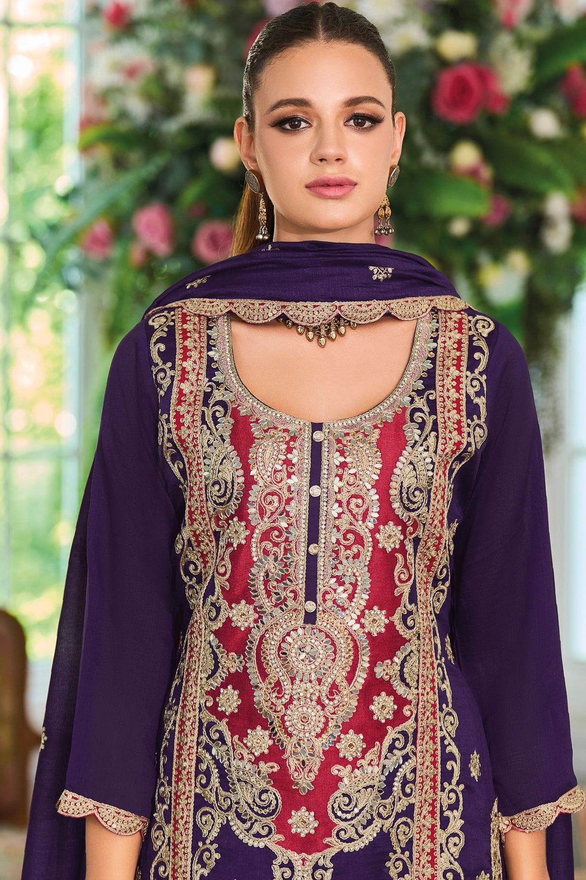 Buy Purple Silk Embroidered Kurta Palazzo Suit at PinkPhulkari California