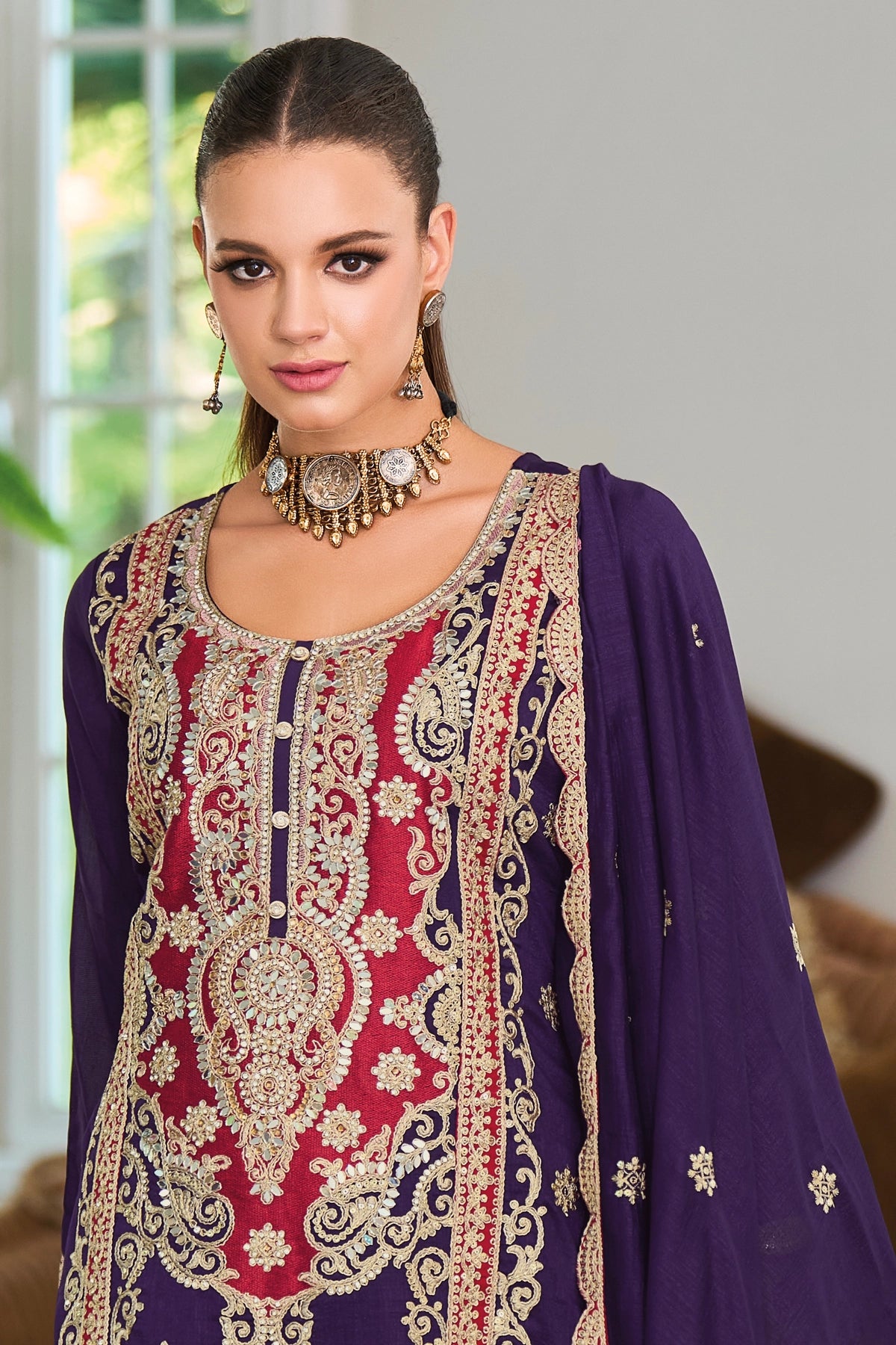 Buy Purple Silk Embroidered Kurta Palazzo Suit at PinkPhulkari California