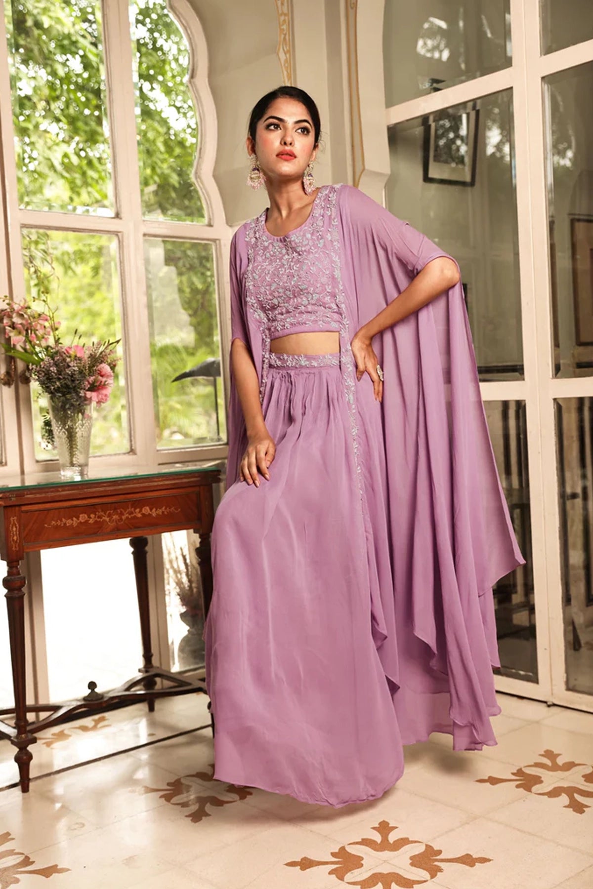 Lavender Purple Embellished Georgette Lehenga Set at PinkPhulkari