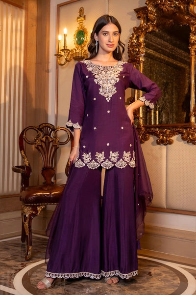 Purple Silk Embroidered Sharara Suit Set at PinkPhulkari California