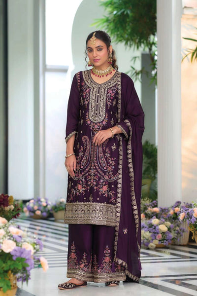 Buy Purple Chinon Silk Embroidered Palazzo Suit at PinkPhulkari 