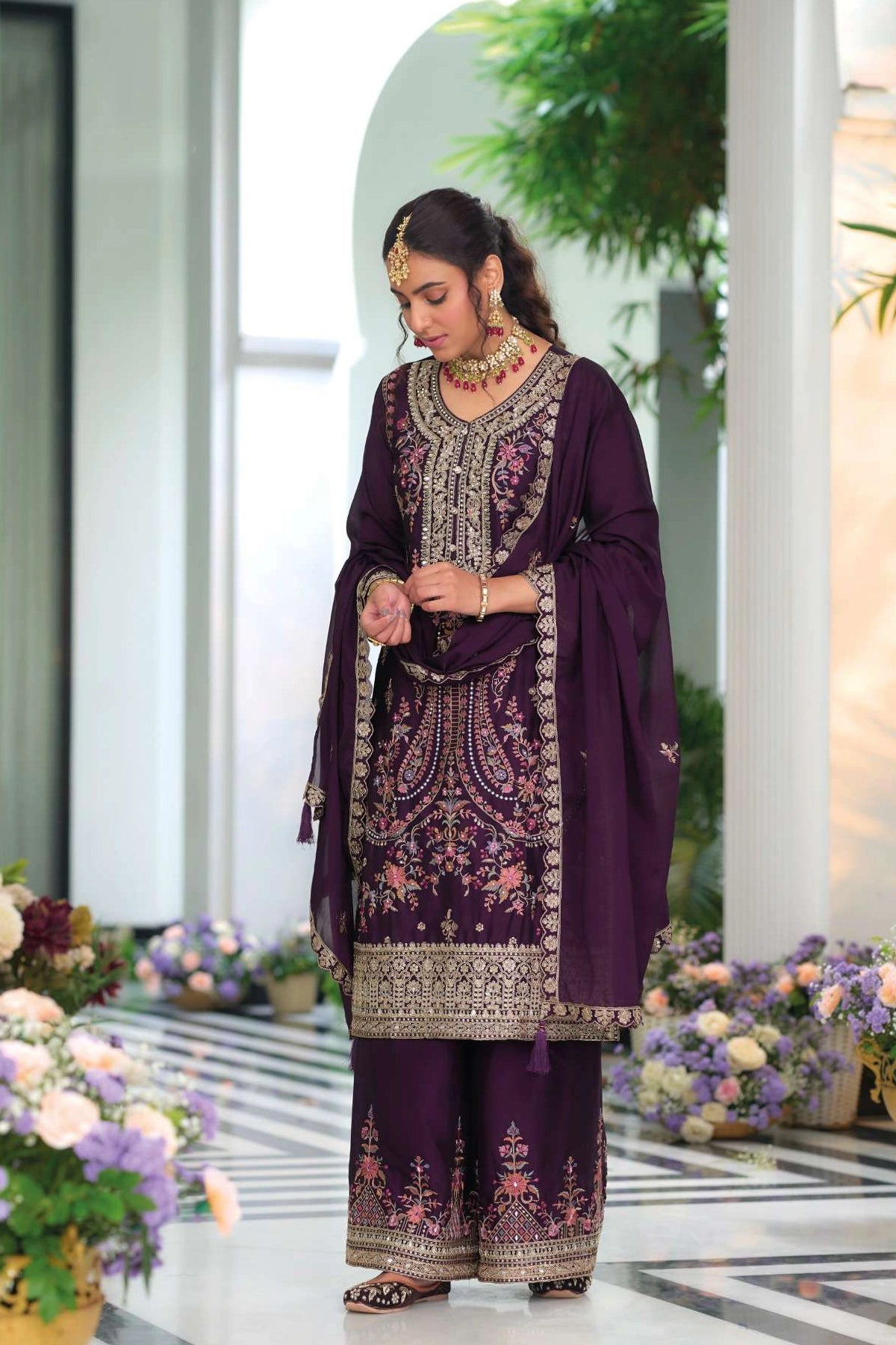 Buy Purple Chinon Silk Embroidered Palazzo Suit at PinkPhulkari 