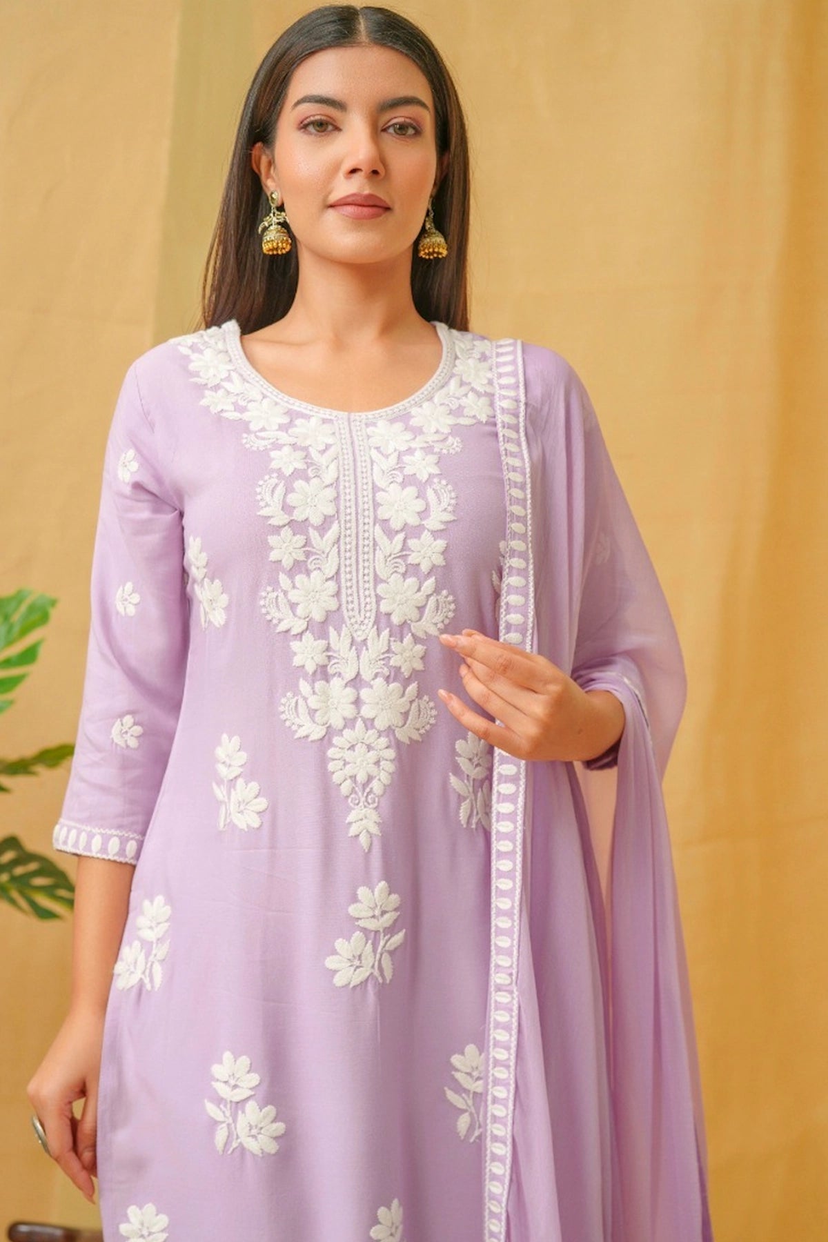 Lavender Embroidered Rayon Kurta Set