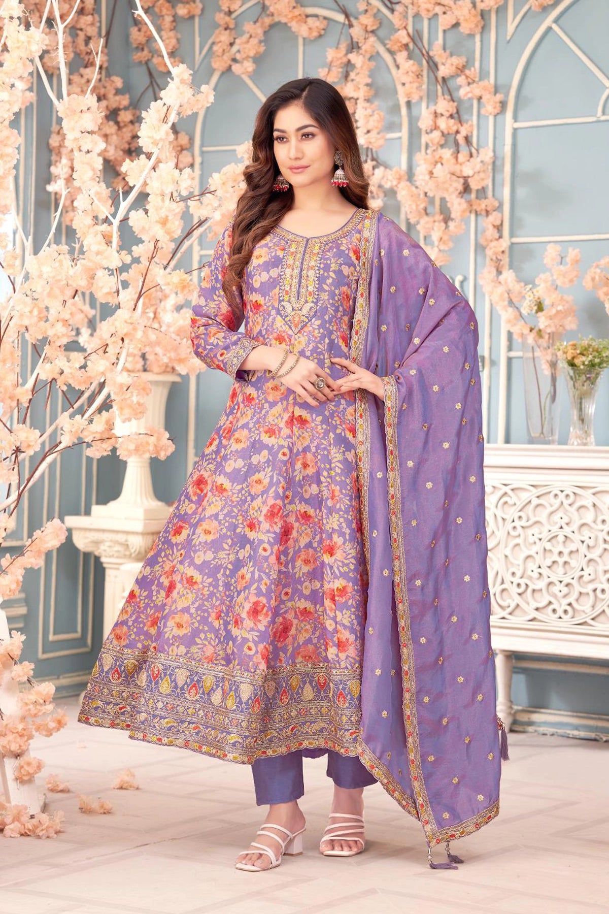 Buy Purple Floral Print Embroidered Anarkali Set at PinkPhulkari 