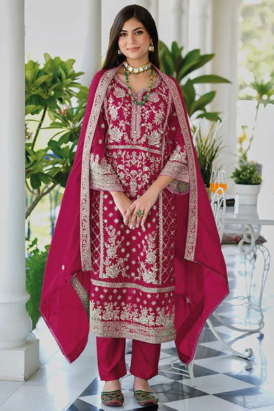  Crimson Pink Traditional Embroidered Organza Suit 