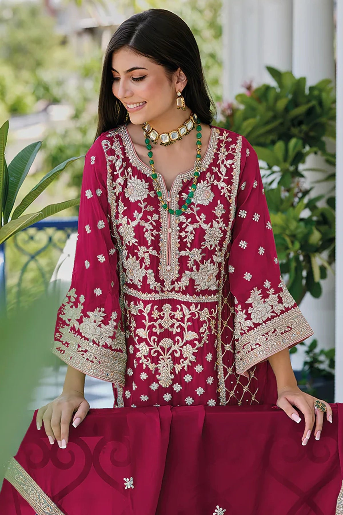 Crimson Pink Traditional Embroidered Organza Suit