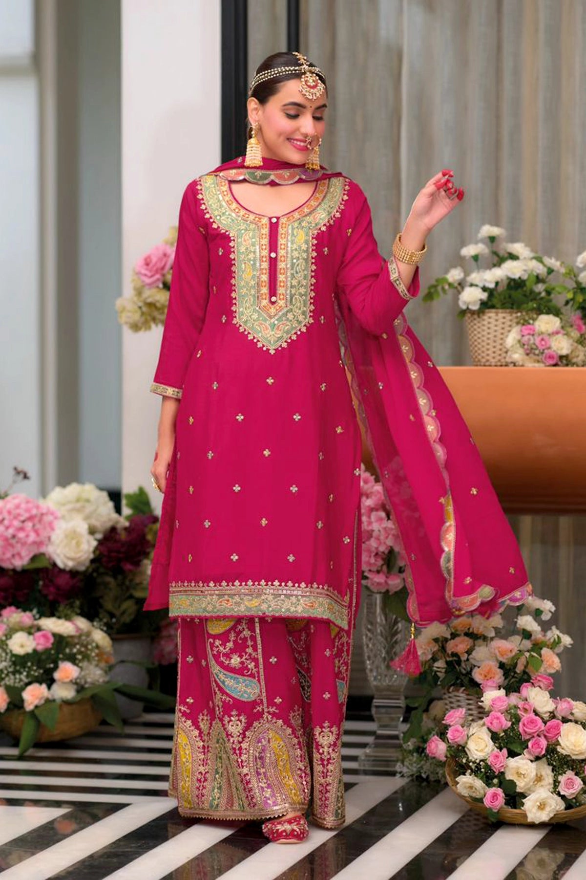 Buy Rani Pink Chinon Silk Embroidered Palazzo Suit at PinkPhulkari 