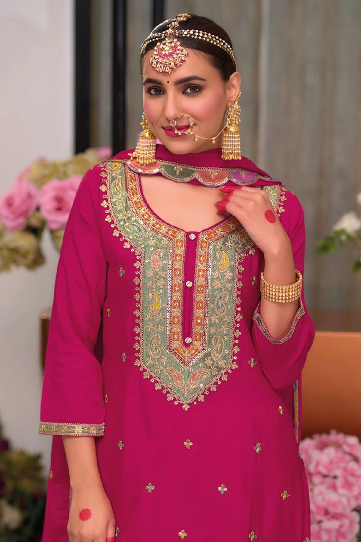 Buy Rani Pink Chinon Silk Embroidered Palazzo Suit at PinkPhulkari 