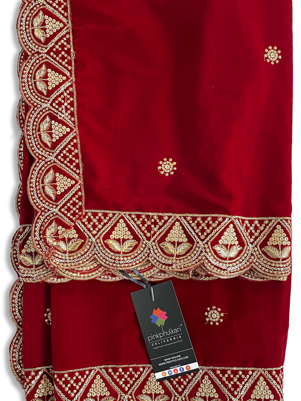 Buy Red Embroidered Velvet Shawl at PinkPhulkari California