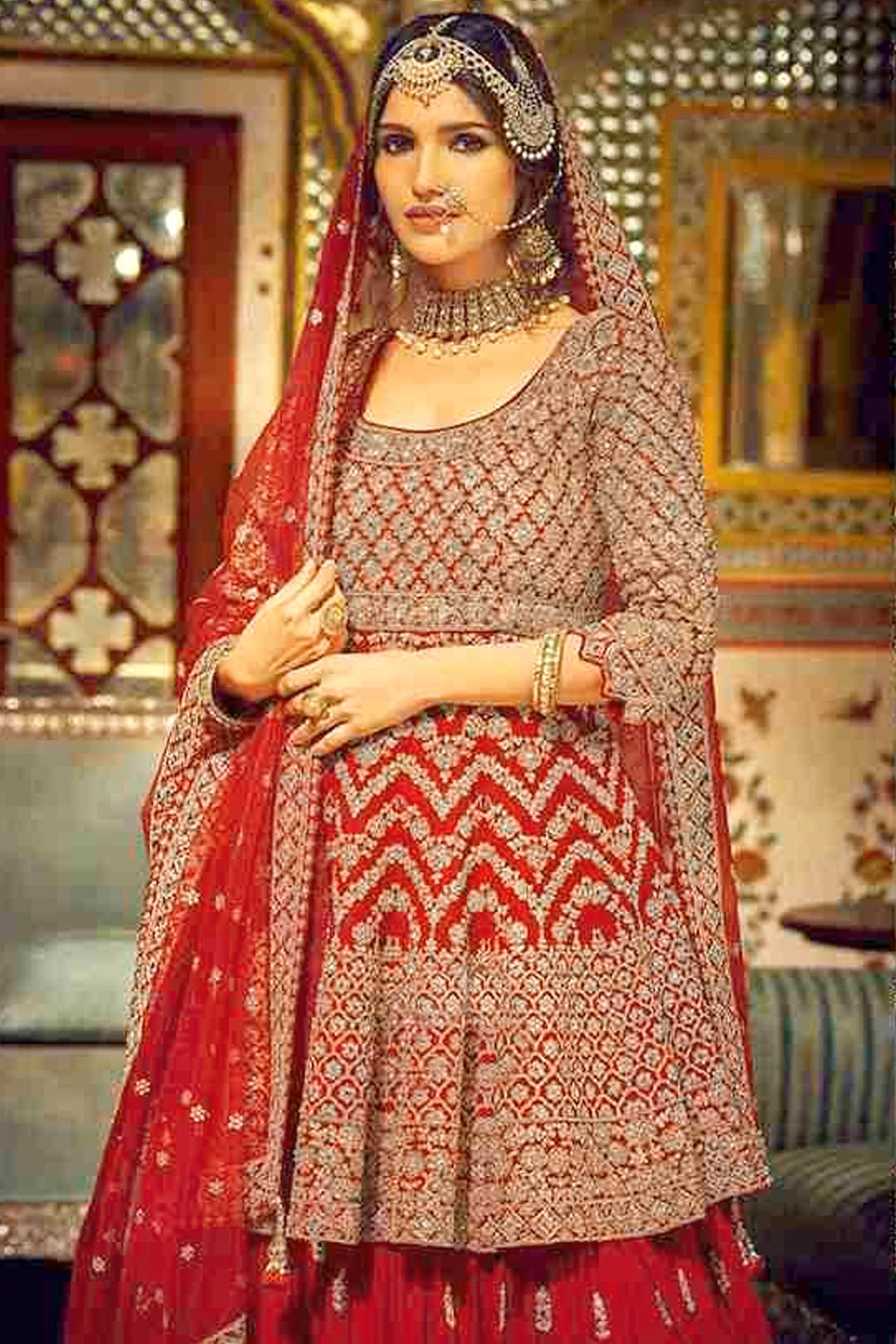 Buy Red Georgette Embroidered Peplum Style Lehenga Set Online