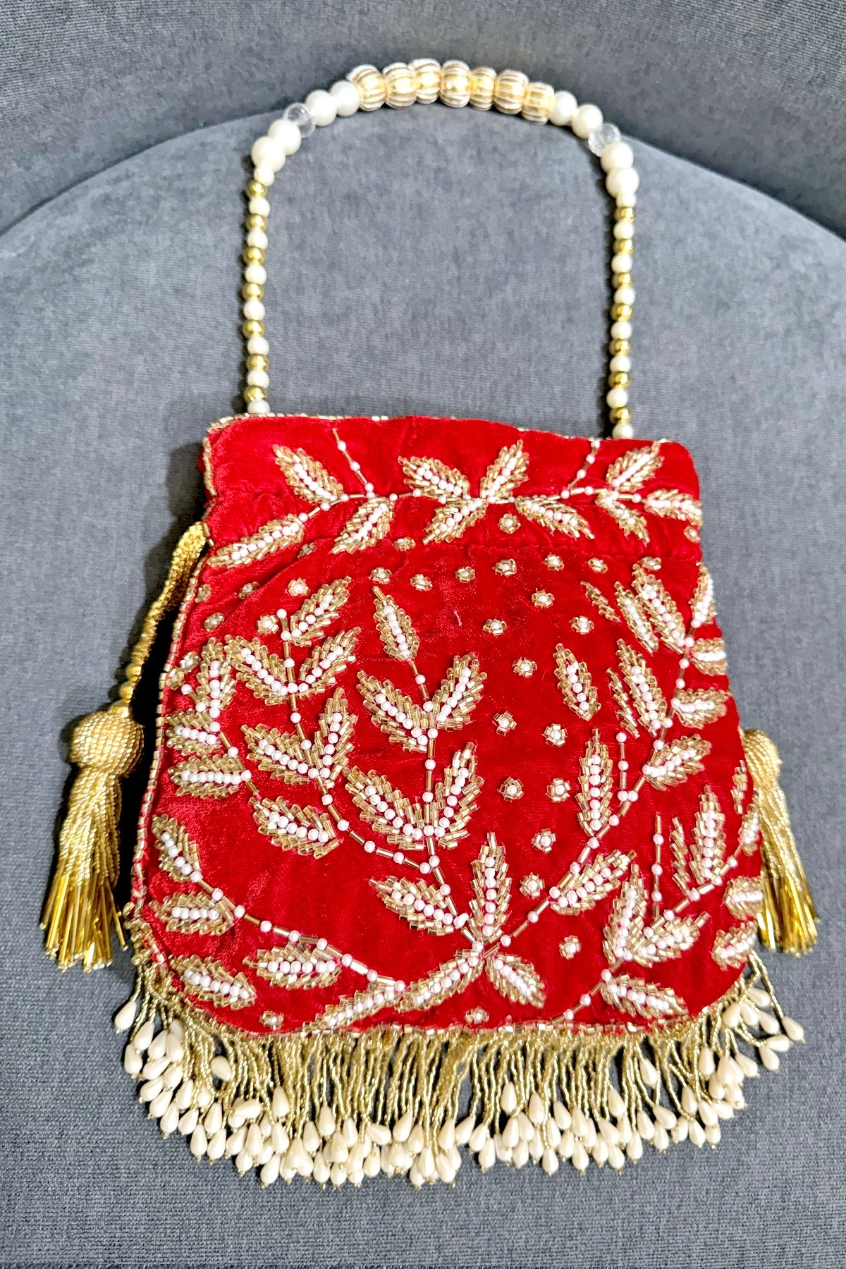 Red Velvet Pearl & Beads Embellished Handcrafted Wedding Day Potli Bag