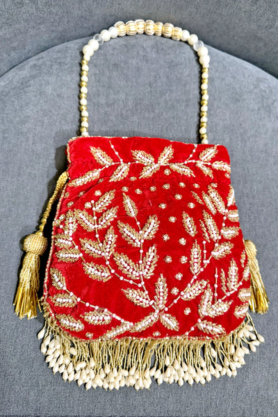 Red Velvet Pearl & Beads Embellished Handcrafted Wedding Day Potli BagRed Velvet Pearl & Beads Embellished Handcrafted Wedding Day Potli Bag