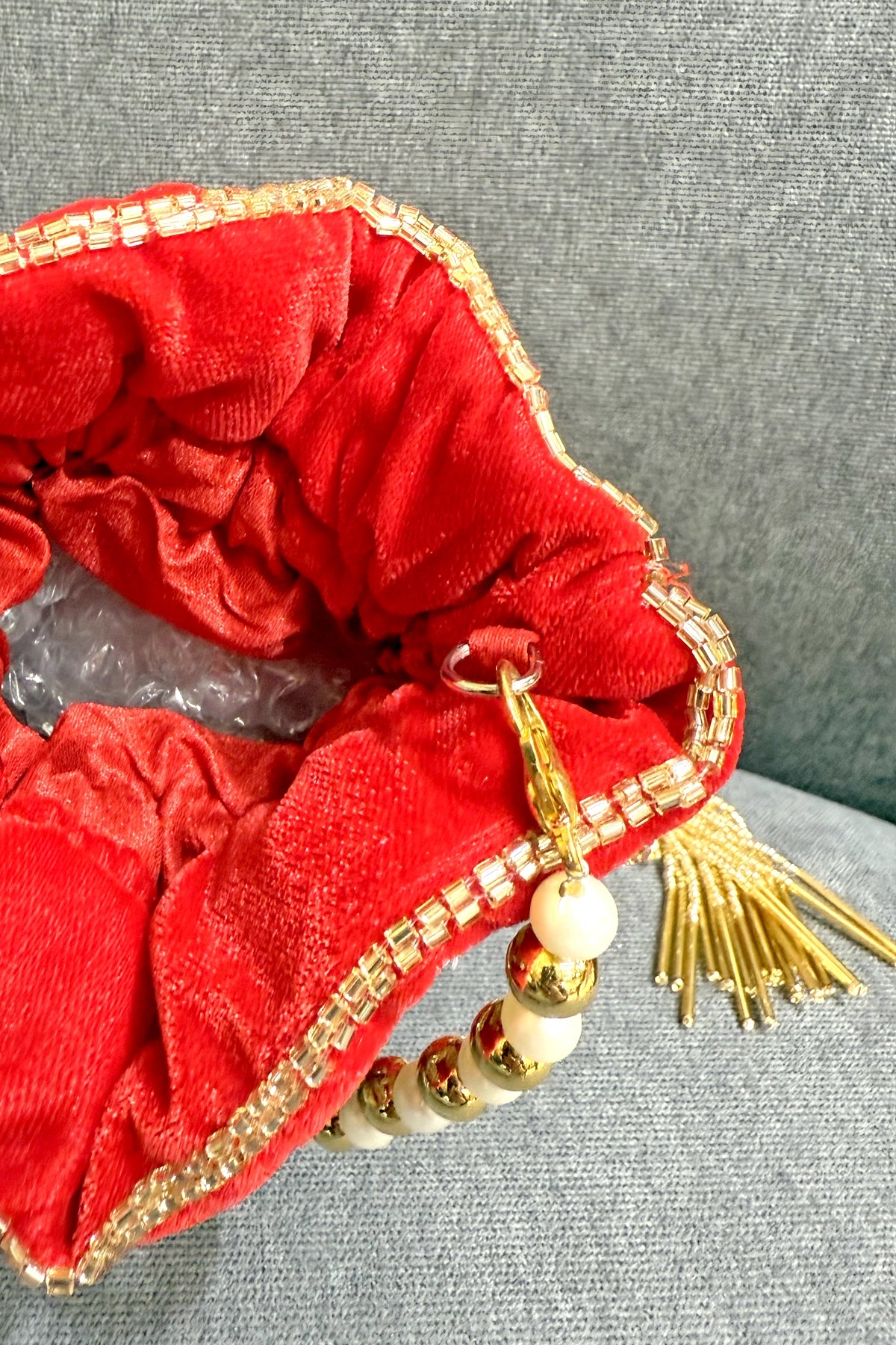 Red Velvet Pearl & Beads Embellished Handcrafted Wedding Day Potli Bag