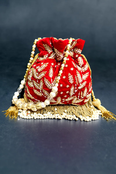 Red Velvet Pearl & Beads Embellished Handcrafted Wedding Day Potli Bag