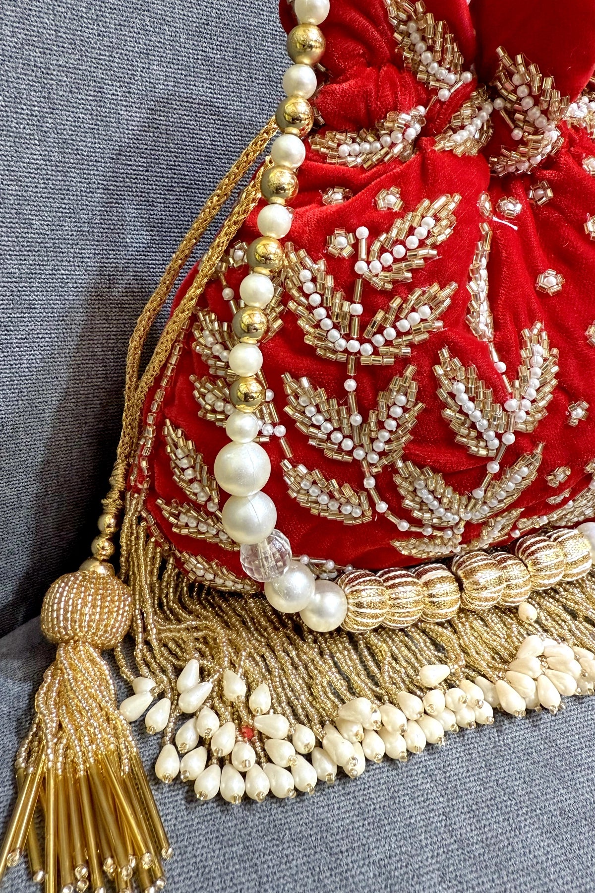 Red Velvet Pearl & Beads Embellished Handcrafted Wedding Day Potli Bag