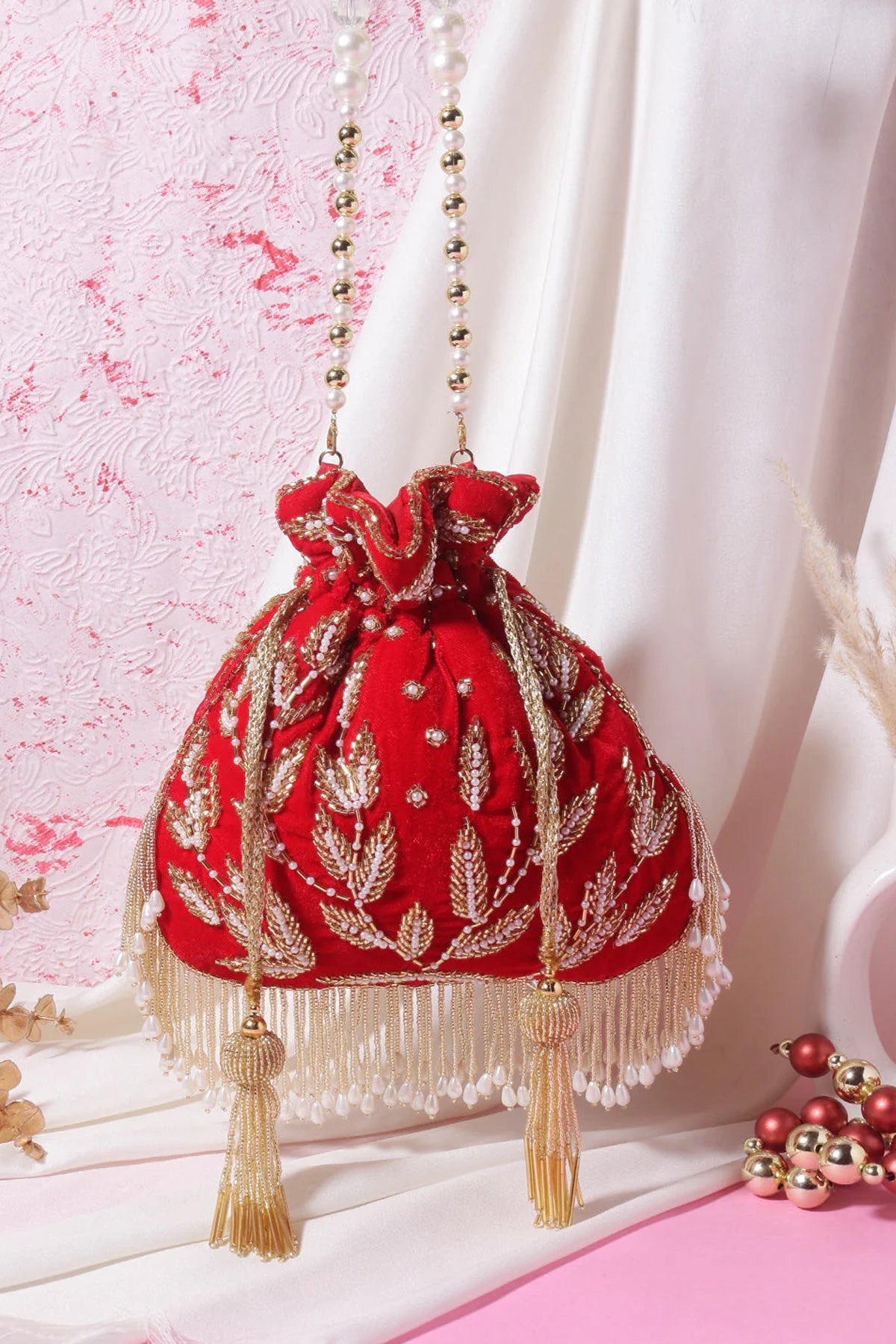 Red Velvet Pearl & Beads Embellished Handcrafted Wedding Day Potli Bag