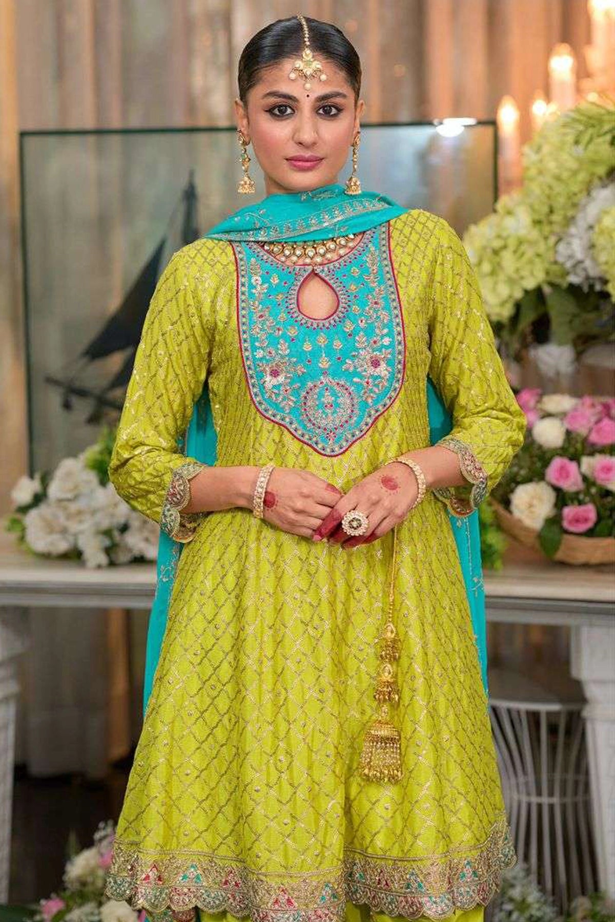 Buy Green Chinon Silk Embroidered Short Anarkali Dhoti Style Suit 