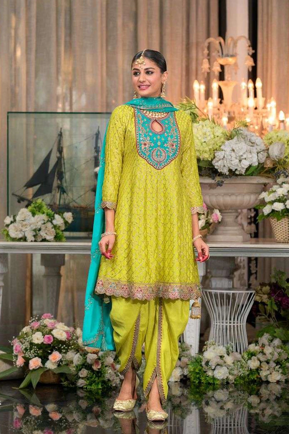 Buy Green Chinon Silk Embroidered Short Anarkali Dhoti Style Suit 