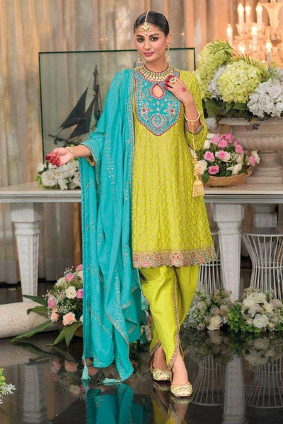 Buy Green Chinon Silk Embroidered Short Anarkali Dhoti Style Suit 