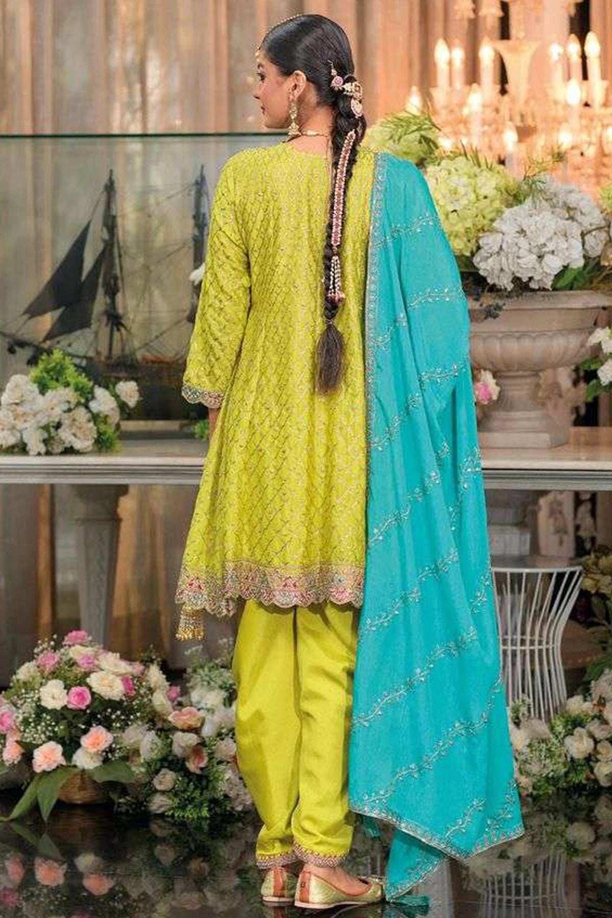 Buy Green Chinon Silk Embroidered Short Anarkali Dhoti Style Suit 