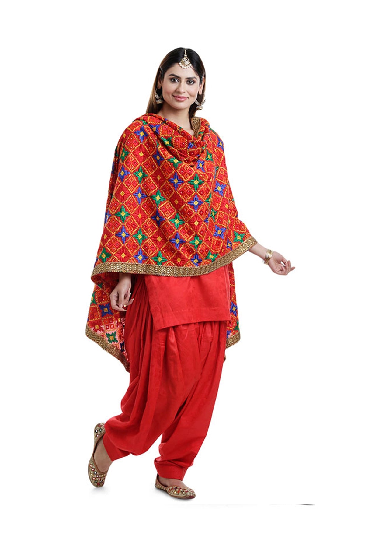 Plain Patiala Suit with Heavy Dupatta at PinkPhulkari California Cotton Red XL 42
