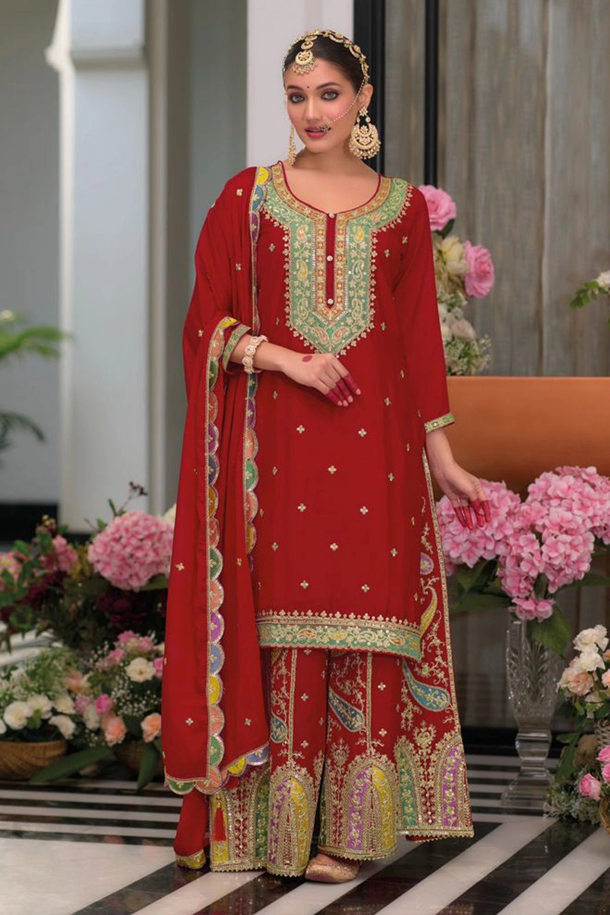 Buy Red Chinon Silk Embroidered Palazzo Suit at PinkPhulkari 