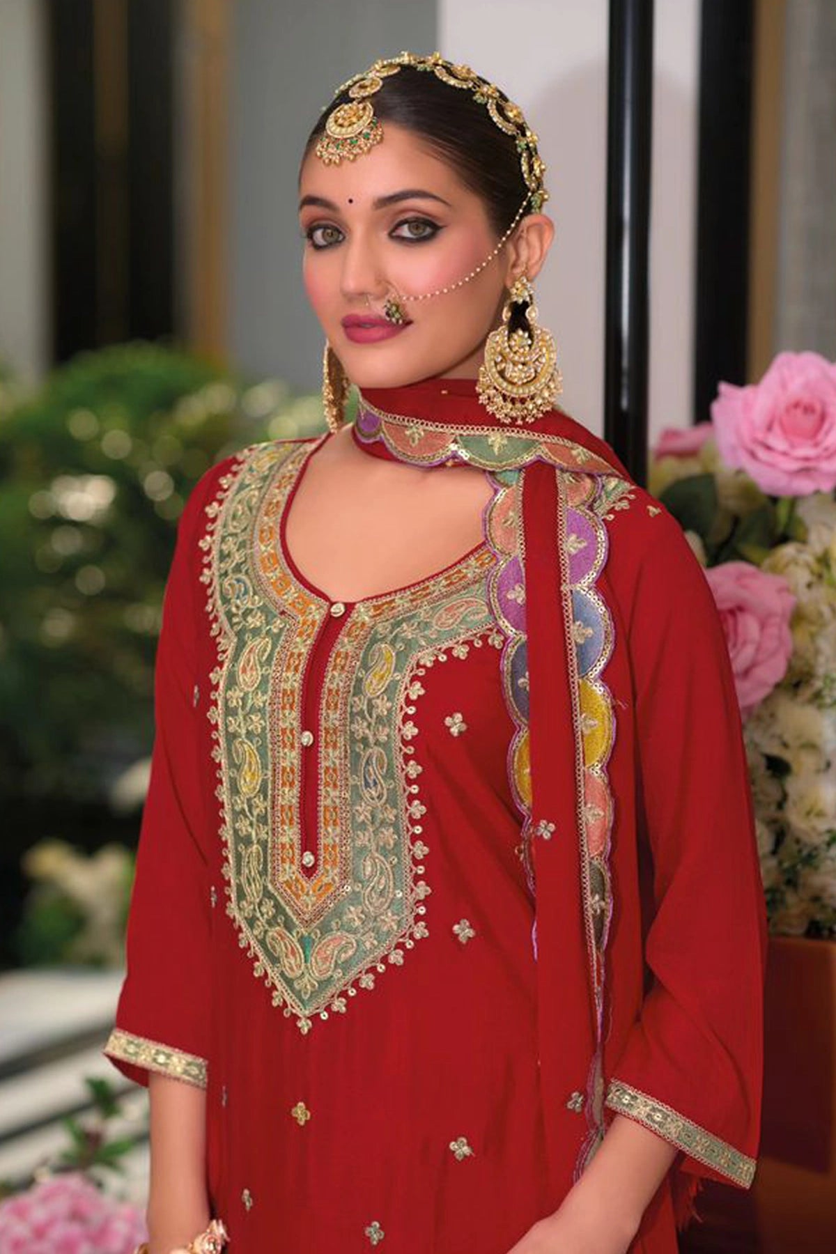 Buy Red Chinon Silk Embroidered Palazzo Suit at PinkPhulkari 