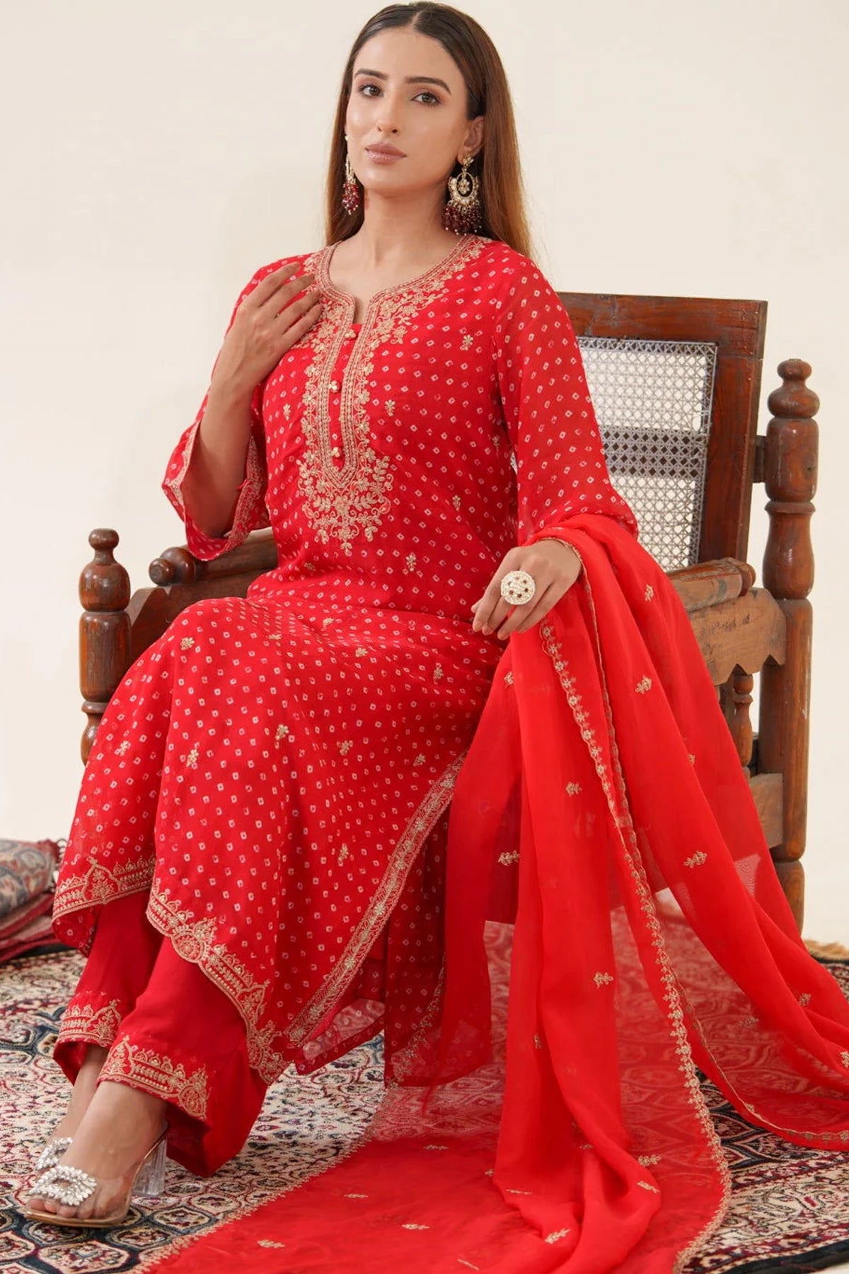 Buy Red Embroidered Organza Suit at PinkPhulkari California