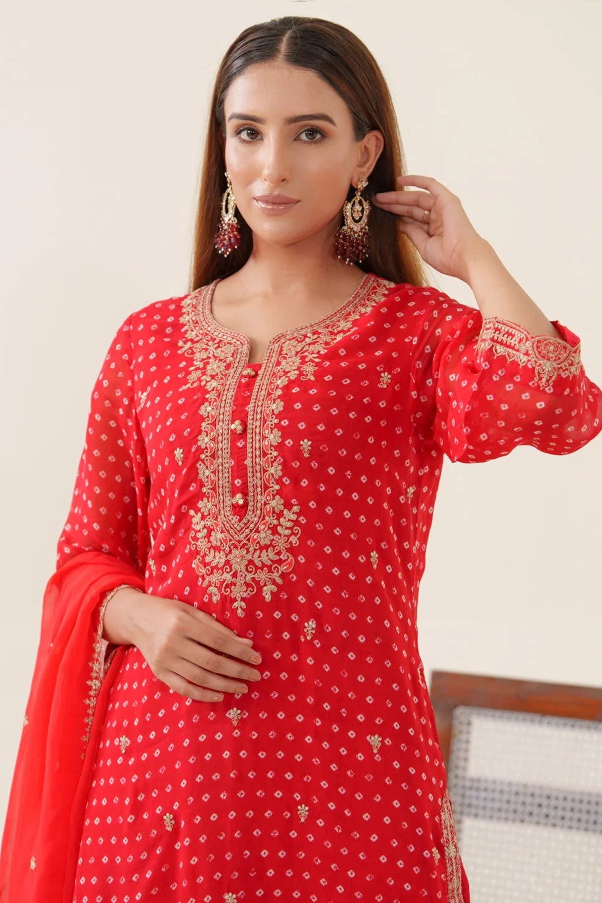 Buy Red Embroidered Organza Suit at PinkPhulkari California