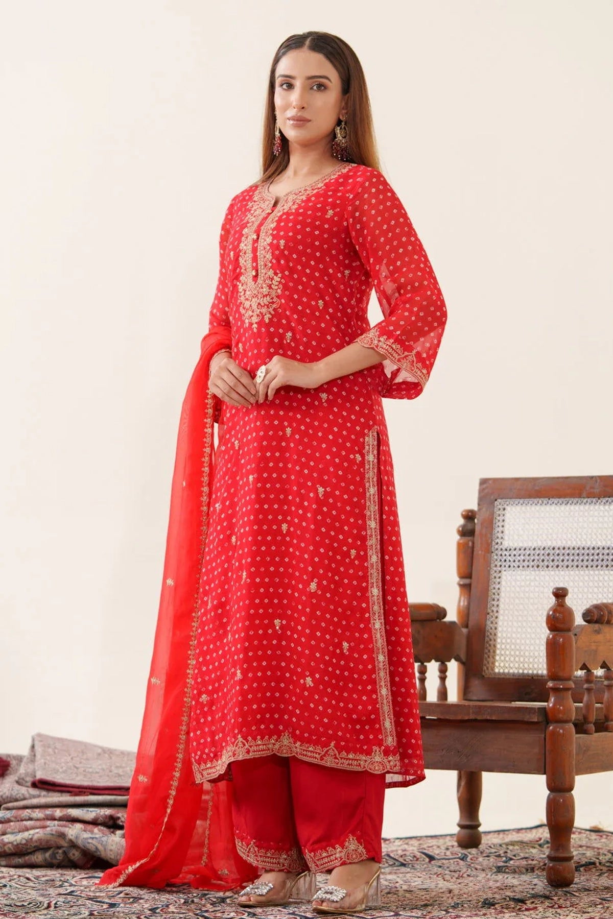 Buy Red Embroidered Organza Suit at PinkPhulkari California