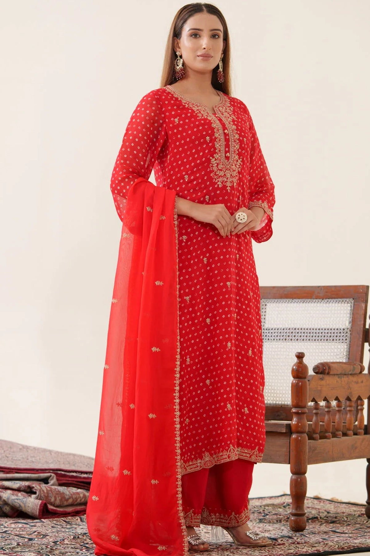 Buy Red Embroidered Organza Suit at PinkPhulkari California